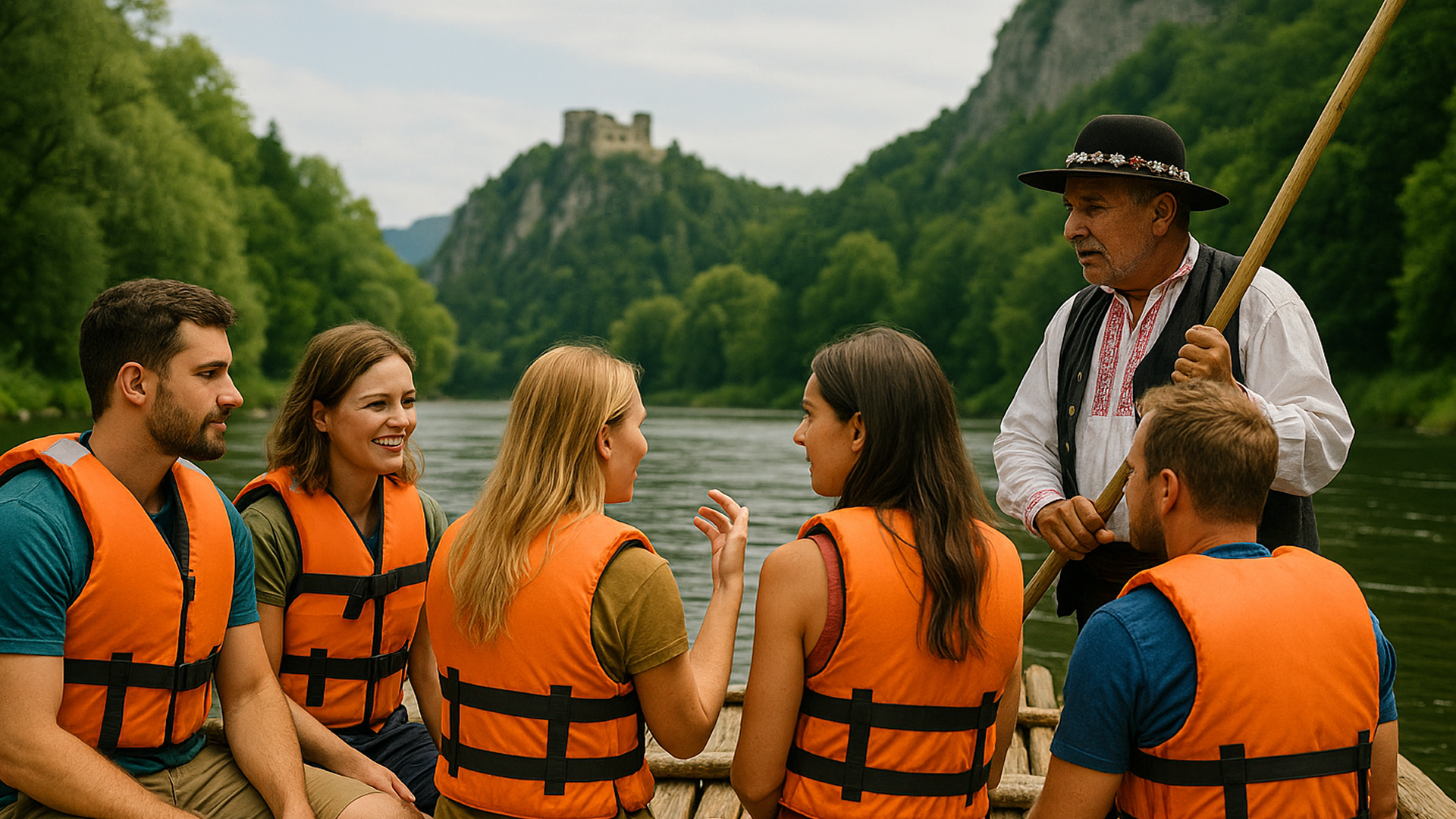 Heritage Wooden Raft Team Journey in River Gorge, Slovakia